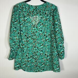 Joie XL Green Abstract Print V-Neck Tie Sleeve Blouse Long Sleeve Top